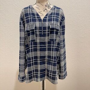 Valerie Stevens Womens Plaid Zipper Pocket Long Sleeve Tunic Top XL Blue White‎
